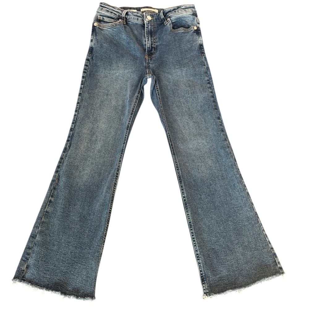 MNG Denim Sienna Womens Jeans Size 6 Blue Cropped Raw Hem Flare Leg Dark Wash